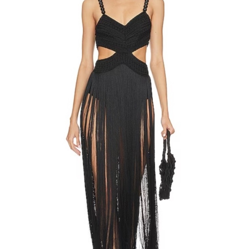 PatBO Black Fringe Cutout Maxi Dress in Sz Small